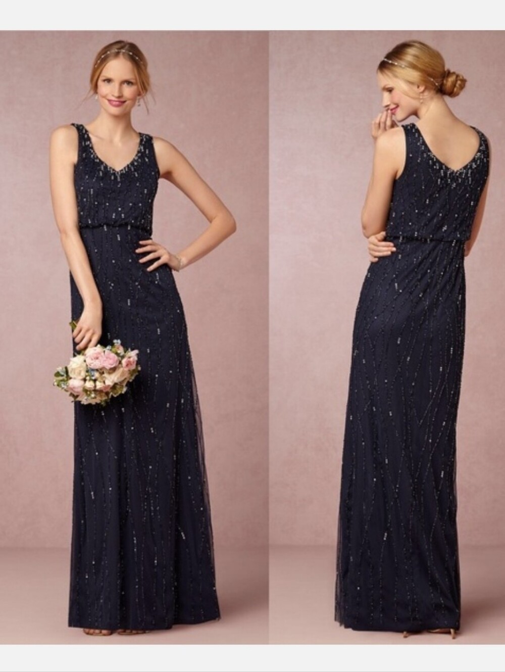 ANTHROPOLOGIE Adriana Papell BROOKLYN NAVY BEADED DRESS SZ 0/ XS
